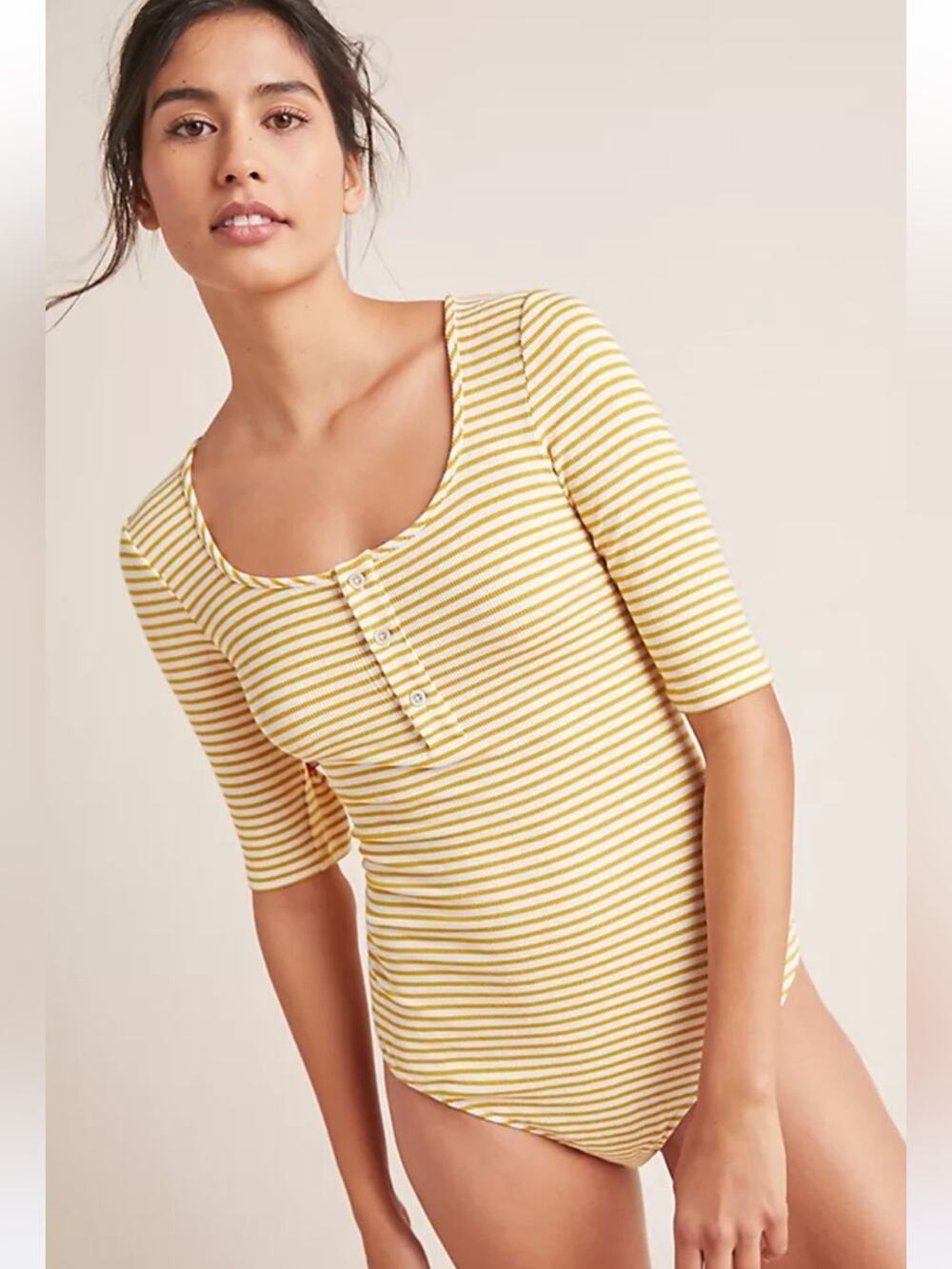 Saturday Sunday Anthropologie Ribbed Henley Yellow & White Striped Bodysuit XL